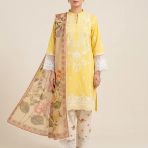 Yellow Embroidered 3 Piece Lawn Cotton Suit Shirt Trouser Dupatta