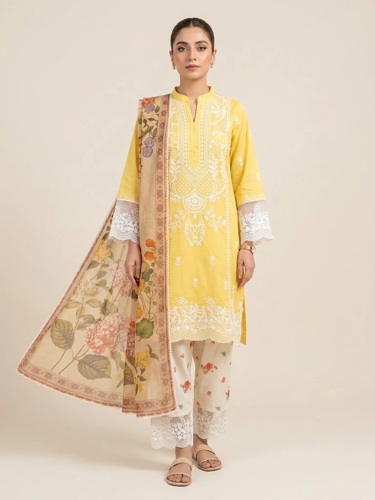 Yellow Embroidered 3 Piece Lawn Cotton Suit Shirt Trouser Dupatta