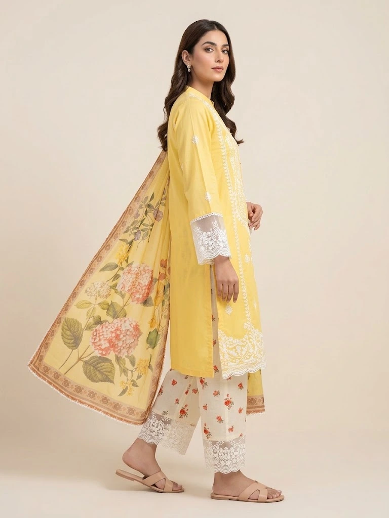 Yellow Embroidered 3-Piece Suit (Lawn / Cotton) - Image 3