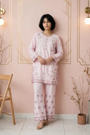 Light Pink Embroidered & Printed 2-Piece Suit