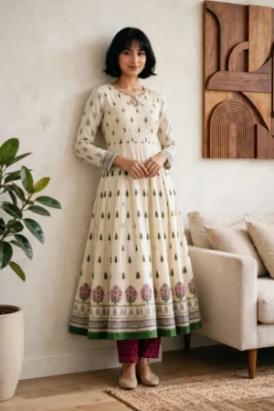 Off-White & Green Floral Block Print Anarkali Frock 2-Piece