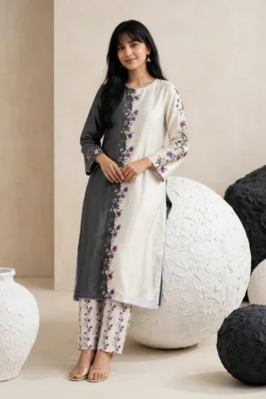 Off-White & Charcoal Grey Floral Printed Silk 2-Piece Suit