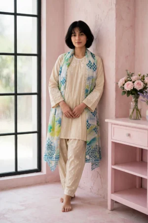 Beige Embroidered 3-Piece Suit (Blue Floral Dupatta)