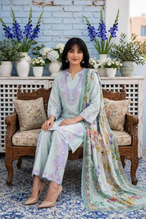 Light Blue Embroidered & Printed 3-Piece Suit (Floral Dupatta)