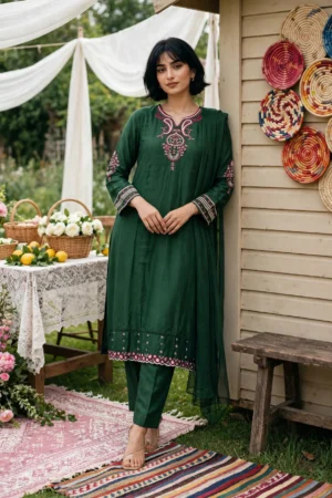 Dark Green Embroidered 3-Piece Suit (Matching Dupatta)