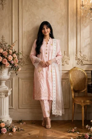 Soft Pink Embroidered 3-Piece Suit (Scalloped Neckline & Organza Mesh Details)