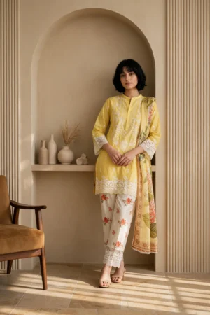 Yellow Embroidered 3-Piece Suit (Floral Dupatta & Lace Accent)